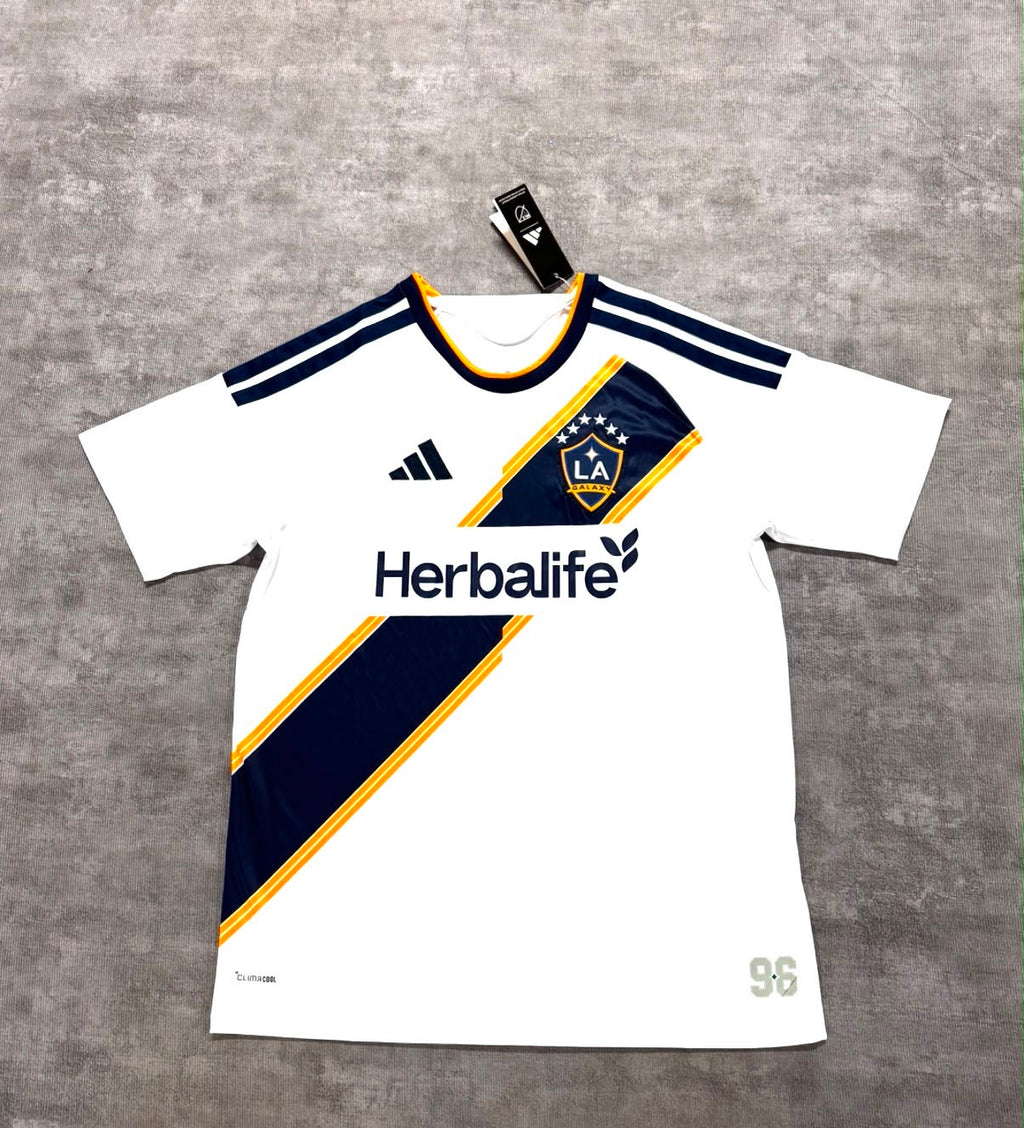 LA Galaxy maillot blanc bleu marine et or vue avant