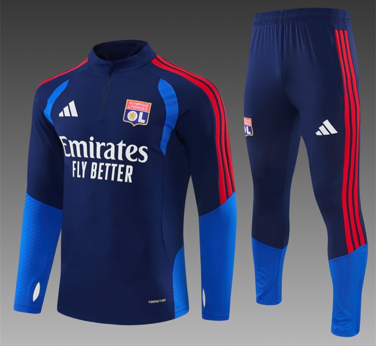 Survêtement Olympique Lyonnais bleu marine, bleu et rouge - vue studio