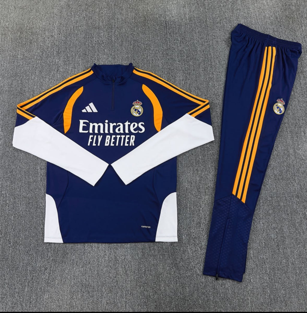 Survêtement Real Madrid bleu marine, orange et blanc - vue de face